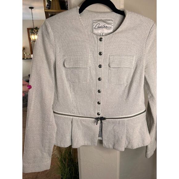 CAbi Zip Line Peplum Blazer Jacket White Black Grid Womens Sz 2 Snap Close - Picture 11 of 11